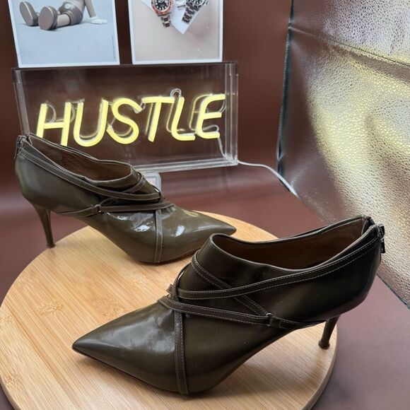 CHLOE Leather Point Toe Heel Booties Army Green Size 7.5 - Picture 8 of 11